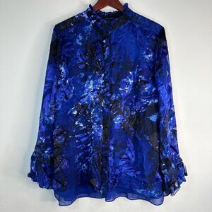 Elie Tahari Womens Teddie Printed Ruffle Neck Blouse XL Mod Fairycore Silk Blend